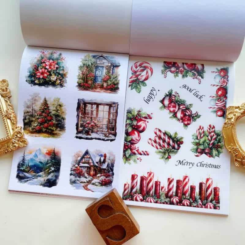 Christmas holiday stickers with festive trees, cozy houses, and seasonal greetings for celebrating Christmas and New Year.