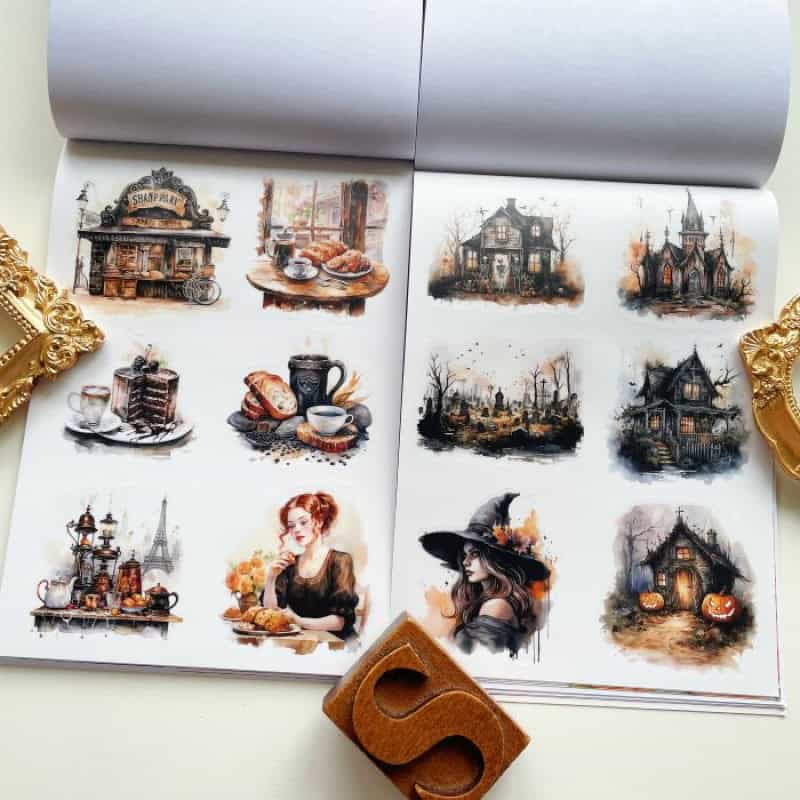 Shabby chic Halloween watercolor art, vintage coffee shop illustrations, spooky haunted house watercolor sketches, autumn pumpkin house watercolor paintings, witch girl watercolor artwork for fall decor.