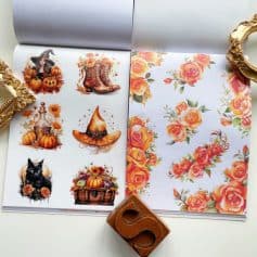 Pumpkin Halloween stickers and floral rose pattern, suitable for seasonal decor, scrapbooking, and craft projects, showcasing festive Halloween motifs alongside beautiful flower designs.