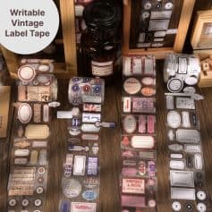Writable vintage label tape for medical and pharmaceutical purposes at Monalisa Store, organized on a wooden surface, showcasing various colorful and retro label designs for items and medication packaging.