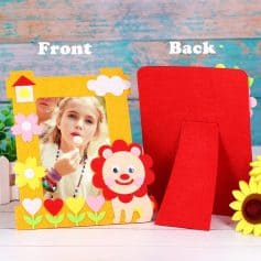 Colorful children's photo frame with playful lion design, ideal for kids' decor and photo display, featuring yellow, red, and pink elements, perfect for enhancing children's room aesthetics and creating lasting memories.