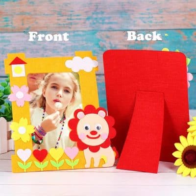 Colorful children's photo frame with playful lion design, ideal for kids' decor and photo display, featuring yellow, red, and pink elements, perfect for enhancing children's room aesthetics and creating lasting memories.