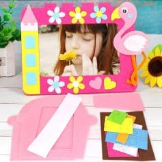 Colorful flamingo and flower picture frame craft kit for kids, with felt decorations and a pink foam base. Perfect for children’s arts and crafts, DIY projects, and creative activities.