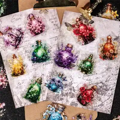 Vibrant collection of hand-painted perfume bottles with floral designs on artistic, sketch-inspired backgrounds, perfect for cosmetics, beauty, and fragrance branding.