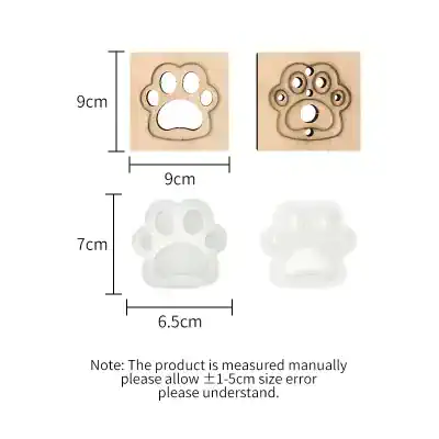 Dog paw print cookie cutter set for baking, featuring detailed designs in wood and silicone, perfect for pet-themed treats and cake decorating, measuring approximately 9x9cm and 7x6.5cm.