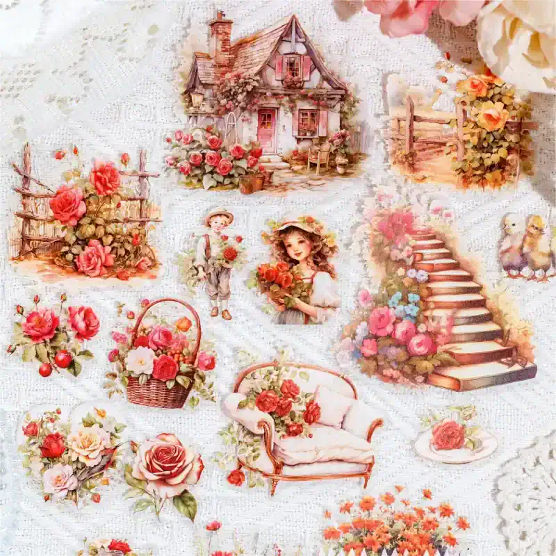 Vintage floral and fairy tale-themed stickers featuring a Victorian house, children with flowers, rose baskets, and garden staircases, perfect for scrapbooking or decorating.