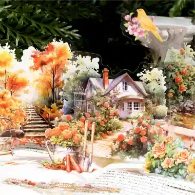 House with garden, autumn leaves, colorful flowers, watercolor art, decorative paper scene.