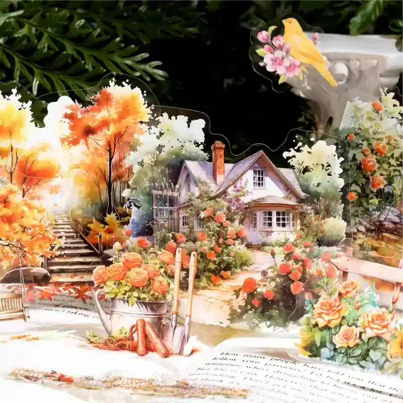 House with garden, autumn leaves, colorful flowers, watercolor art, decorative paper scene.