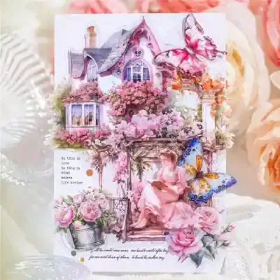 Delicate pink and white floral house with butterflies and a woman reading, whimsical floral home decor, fantasy garden scene, romantic and charming, perfect for spring or summer aesthetic.