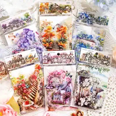 Vibrant assortment of decorative sticker sheets featuring garden, flowers, and fairy tale themes for crafts, journaling, and scrapbooking. High-quality designs perfect for enhancing creative projects.