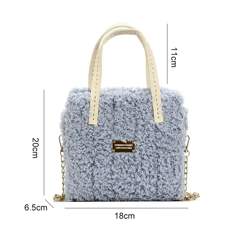 Luxurious fluffy gray tote bag with cream handles and gold chain strap, ideal for stylish women and trendy fashion accessories. Perfect for daily use and special occasions.