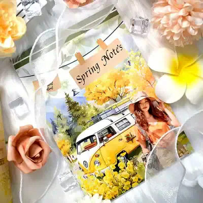 Spring notes with yellow camper van and woman in summer hat at botanical garden, outdoor travel, adventures, nature photography, vibrant colors, sunny day, vacation, lifestyle, leisure activity, summer holidays, scenic view, travel inspiration.