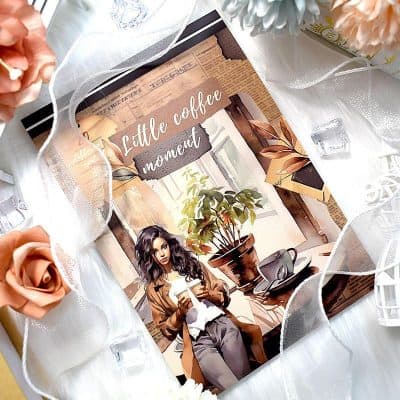 Coffee shop illustrated flyer showcasing a woman with coffee cups, cozy atmosphere, and stylish design, perfect for cafes or coffee brands.