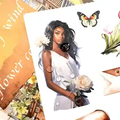 High-quality digital artwork of a young woman with dark curly hair holding a white rose, surrounded by butterflies and floral elements, emphasizing beauty and elegance for Monalisa Medical store SEO focus.