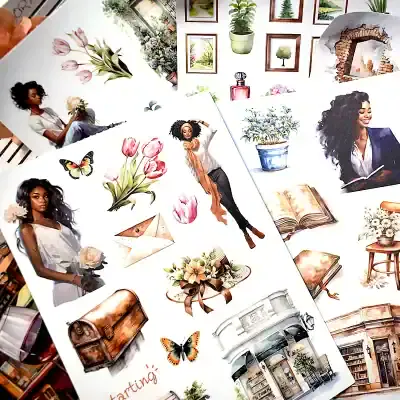 Flower and decor themed stickers and illustrations for Monalisa Store, focusing on floral and interior design keywords.