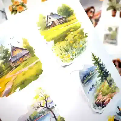 Colorful watercolor landscape illustrations of rustic houses, lush greenery, and serene lakes, perfect for art enthusiasts and interior decor.