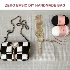 Colorful handmade DIY bag with a black and white checkered pattern, gold chain strap, and jewelry accessories displayed on a crafting table for premium fashion accessories.