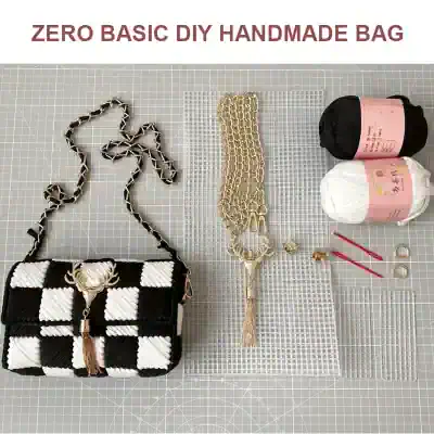 Colorful handmade DIY bag with a black and white checkered pattern, gold chain strap, and jewelry accessories displayed on a crafting table for premium fashion accessories.