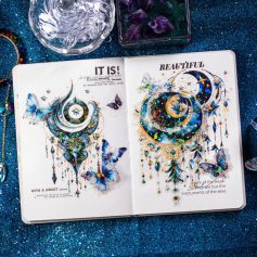 Intricate jewelry-inspired art with celestial motifs, butterflies, and shimmering embellishments, displayed in a creative sketchbook on a glittery blue background, highlighting Monalisa Store's artistic jewelry designs.