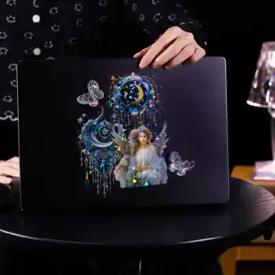 Vivid holographic design sticker featuring celestial and angelic elements, perfect for customizing laptops, providing a mystical and artistic aesthetic.