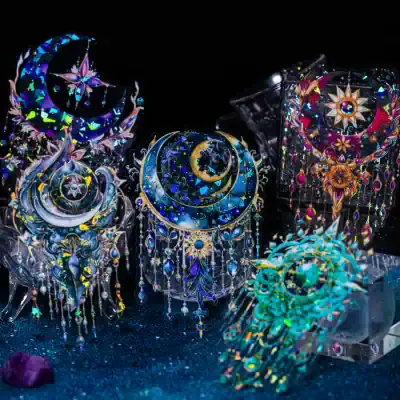 Colorful holographic crystal hair accessories with celestial and moon motifs, perfect for stylish eye-catching fashion statements. Ideal for enhancing eye style with unique, shimmering designs.