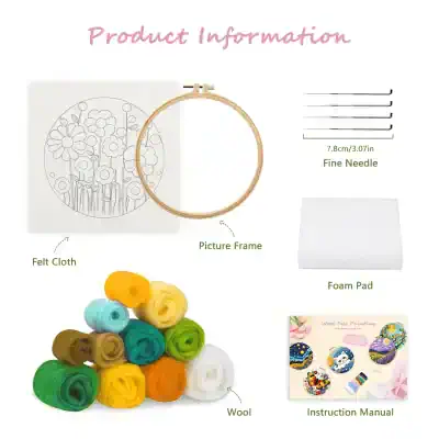 Embroidery hoop kit with felt cloth, fine needle, foam pad, wool, and instruction manual for DIY wool felt painting crafts and embroidery projects.