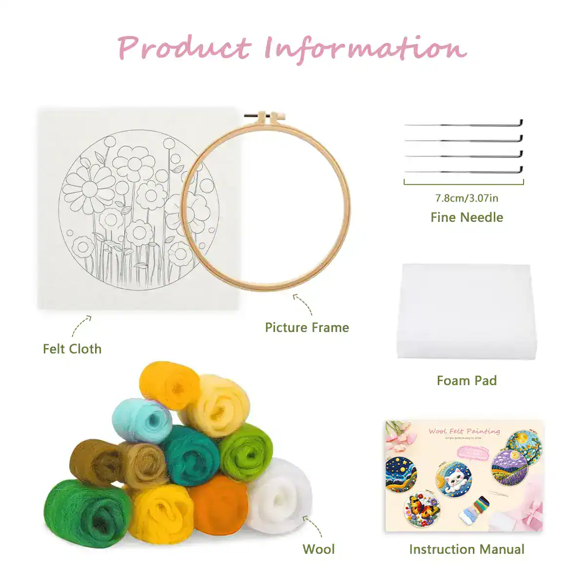 Embroidery hoop kit with felt cloth, fine needle, foam pad, wool, and instruction manual for DIY wool felt painting crafts and embroidery projects.
