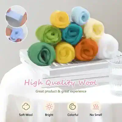 Soft wool rolls in various bright colors, ideal for high-quality wool and knitting projects. Perfect for craft enthusiasts seeking colorful, soft, and large wool supplies.