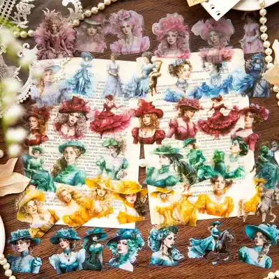 Flower-themed paper cutouts of women in vintage dresses and hats, decorative pearls, and lace accents, perfect for fashion or vintage-themed events and displays at Monalisa Store in the USA.