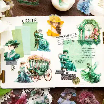 Elegant vintage-inspired collage featuring women in elaborate Victorian-style dresses and hats, floral accents, and a decorative carriage, emphasizing fashion, style, and historical charm.