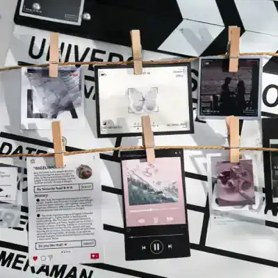 Vintage analog camera photographs displayed on string with clothespins, showcasing artistic polaroid images, perfect for lifestyle and photography blog features.