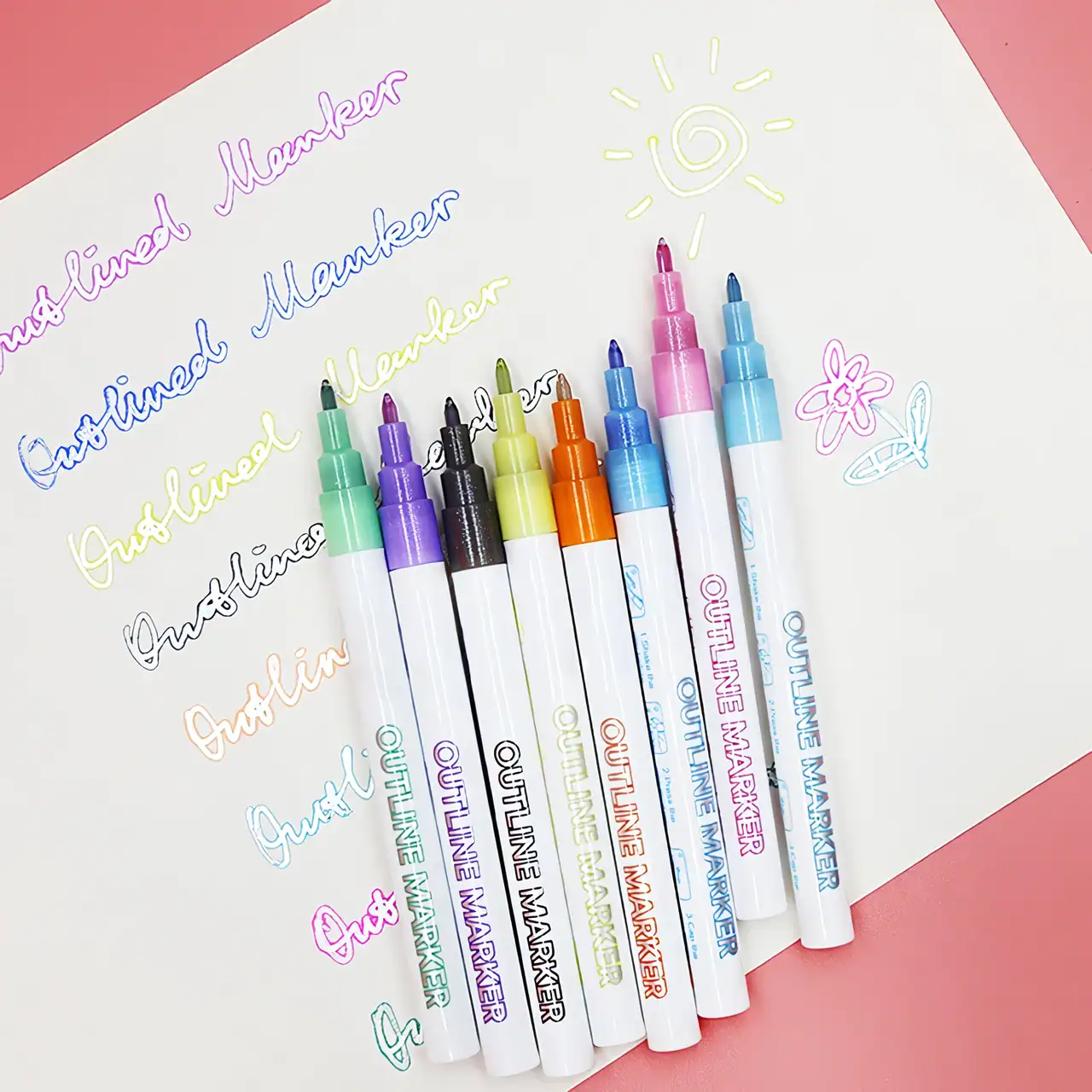 Colorful dry erase markers on a whiteboard with handwritten words and doodles, ideal for education and creative projects, perfect for classroom, office, or art room settings.