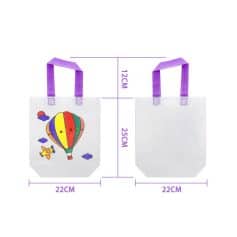 Colorful children's tote bag with hot air balloon and rocket print, lightweight and durable fabric, perfect for kids' outings and storage, with purple straps for easy carrying.