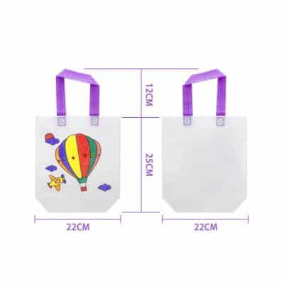 Colorful children's tote bag with hot air balloon and rocket print, lightweight and durable fabric, perfect for kids' outings and storage, with purple straps for easy carrying.