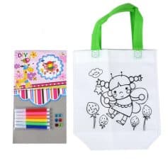 Colorful DIY kids' craft set with markers and stickers, along with a transparent tote bag featuring a cute princess cartoon for children's arts and crafts activities.