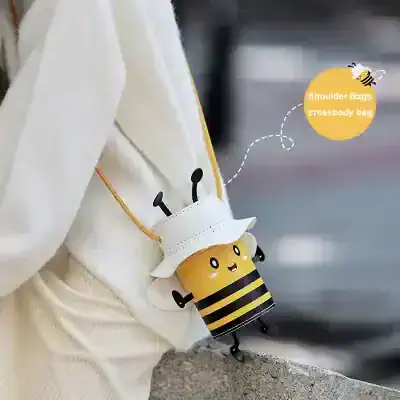 Bees and honey jar crossbody bag with shoulder strap, cute cartoon style for kids and adults, ideal for fashion accessories and gift purposes.