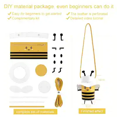 Cute bee-shaped DIY handbag kit with leather and plush materials, perfect for beginners, includes step-by-step video tutorial, 16cm height, 9cm width, with accessories for creative crafting.