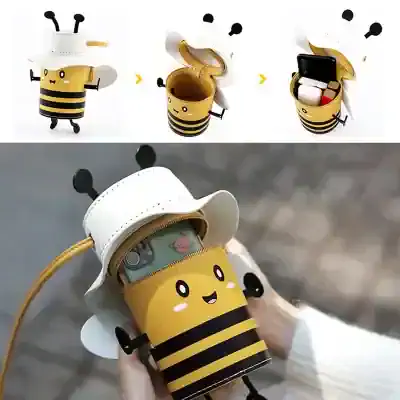 Bee-themed storage container, cute cartoon bee design with smiley face, used for organizing small items or toiletries, perfect for kids or bee enthusiasts, featuring a honey jar look with a lid and accessories.