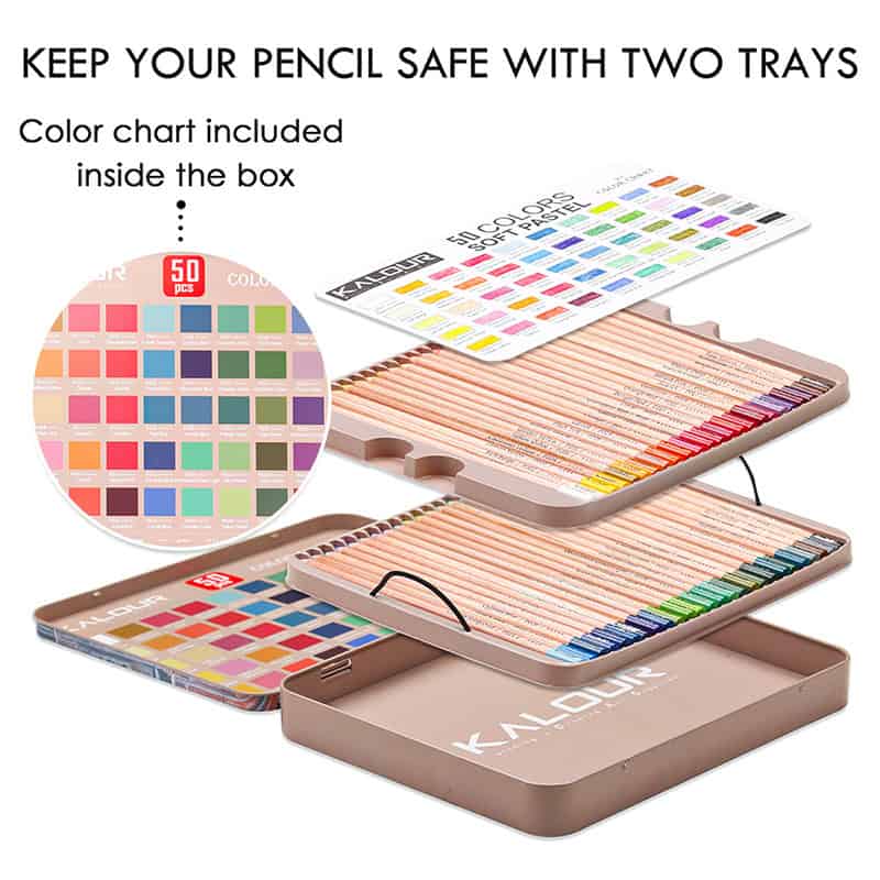 An organized pencil case with color charts and 50 colored pencils for precise shading, blending, and detailed artwork. Perfect for students, artists, and professionals.