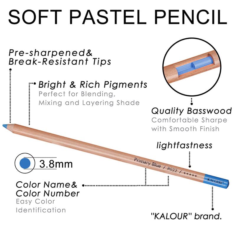 Bright pastel colored pencil for blending, mixing, and layering art projects, featuring high-quality basswood and break-resistant tips for smooth, precise shading. Ideal for artists and students.