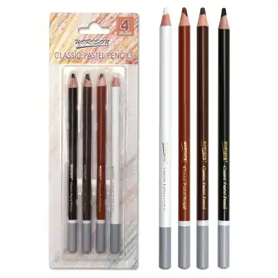 Worson classic pastel pencils set with four colors, ideal for artists and students, displayed alongside individual pastel pencils in various shades, perfect for detailed drawing and coloring projects.