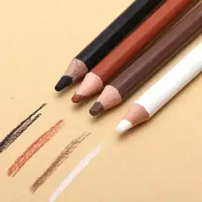 Vibrant colored pencils on beige paper, with color swatches, ideal for makeup or beauty store related content.