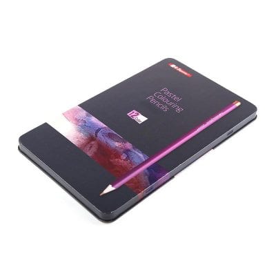 Bright pink pastel colouring pencils set on black sketchbook, ideal for artistic and creative projects, stored in Monalisa Medical Store.