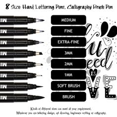 8 size hand lettering pens for calligraphy and art drawing, perfect for beginners and artists. Includes various nib sizes for detailed, creative, and decorative lettering projects.