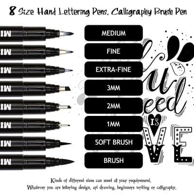 8 size hand lettering pens for calligraphy and art drawing, perfect for beginners and artists. Includes various nib sizes for detailed, creative, and decorative lettering projects.