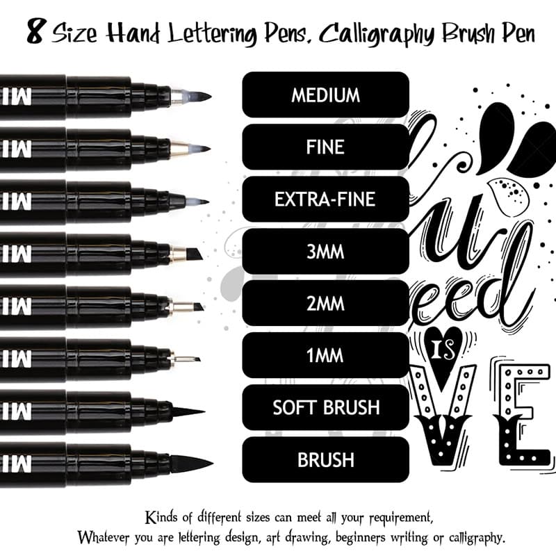 8 size hand lettering pens for calligraphy and art drawing, perfect for beginners and artists. Includes various nib sizes for detailed, creative, and decorative lettering projects.