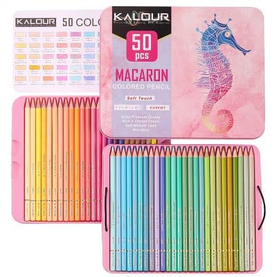 Vibrant set of 50 Kalour colored pens and pencils in a pink storage case, perfect for artistic projects, school supplies, and creative coloring. Bright, smooth, non-toxic writing tools for all ages.