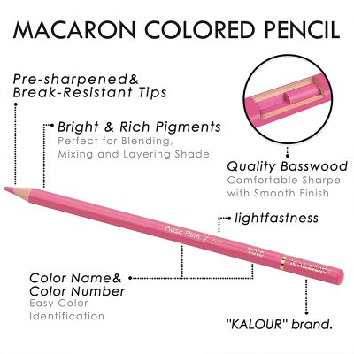 Pink macaron colored pencil with break-resistant tips, bright pigments, durable basswood, lightweight design, ideal for blending and shading,