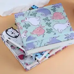 Colorful bunny and animal printed cloth notebooks, perfect for stylish note-taking and journaling. Unique design featuring adorable bunnies, cats, and cute illustrations, ideal for children and animal lovers.