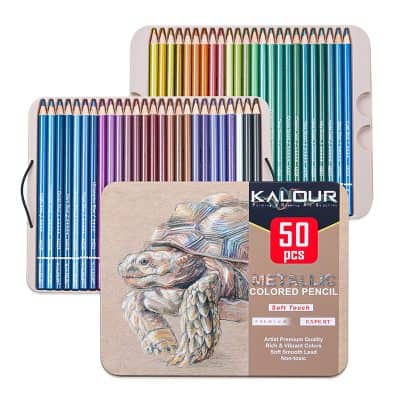 Brightly colored metallic pencils in a set of 50 with artful packaging featuring a turtle drawing, ideal for arts and crafts, school projects, and creative coloring activities.